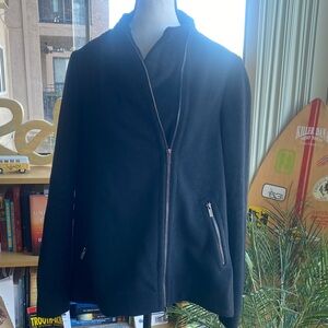 BCBG-MAXAZRIA Black Wool Unique 🤩 Swing Jacket Zips Off Center Sz L LAST CALL 😱